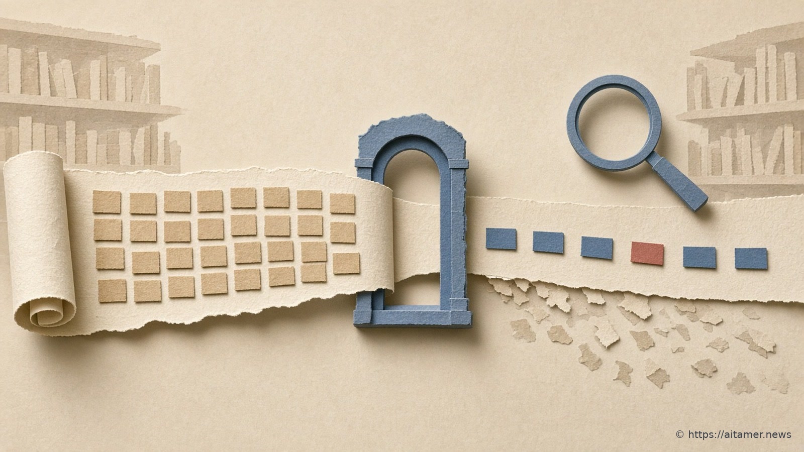 Cut-paper illustration of a scroll of dense sand tiles passing through a slate-blue arched gate, leaving a few spaced blue tiles and one coral tile under a magnifying glass while the rest fall away.