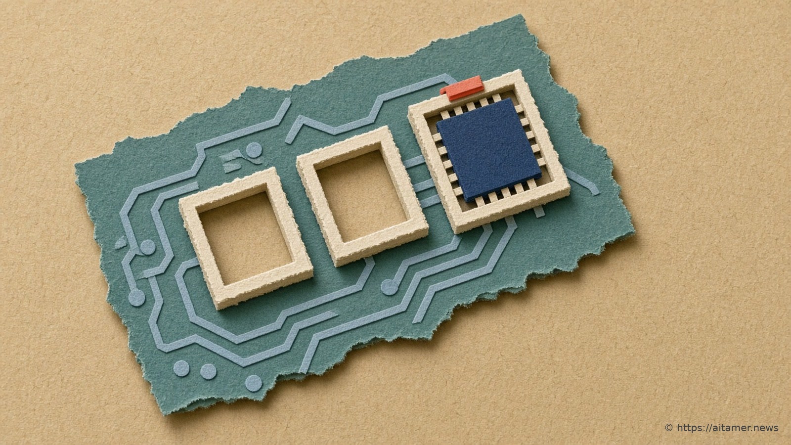 A torn teal paper circuit board with pale blue traces holds three cream paper sockets in a row, the first two empty and the third holding a deep navy chip under a small coral latch.