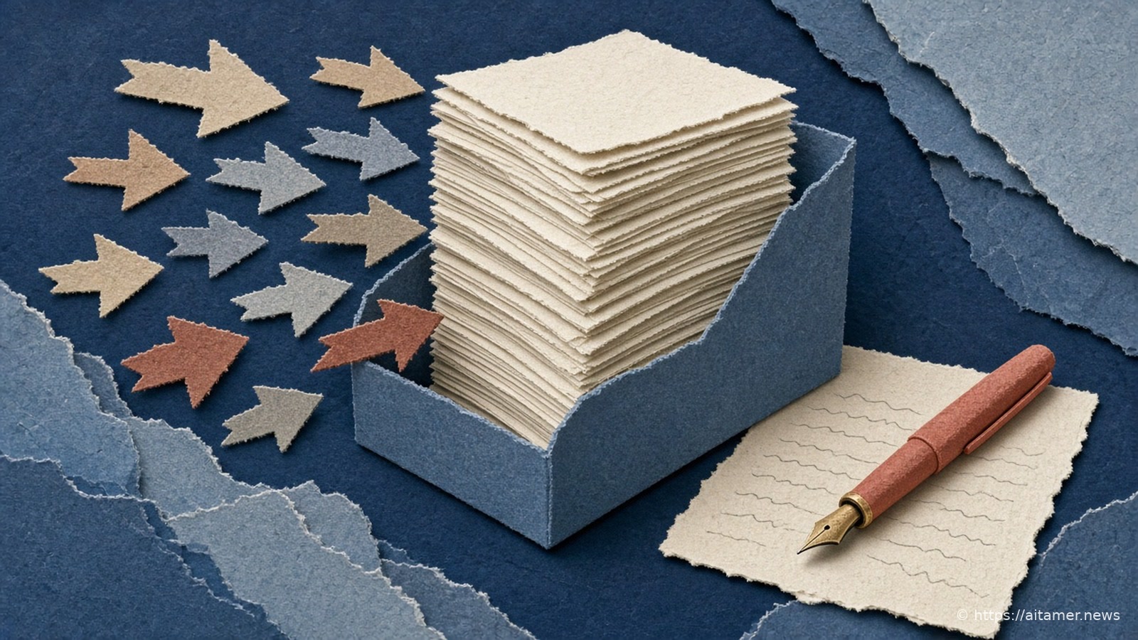 A paper-cut stack of cream pages in a blue tray beside a red fountain pen, with a swarm of small paper arrows rushing toward it on a torn blue background.