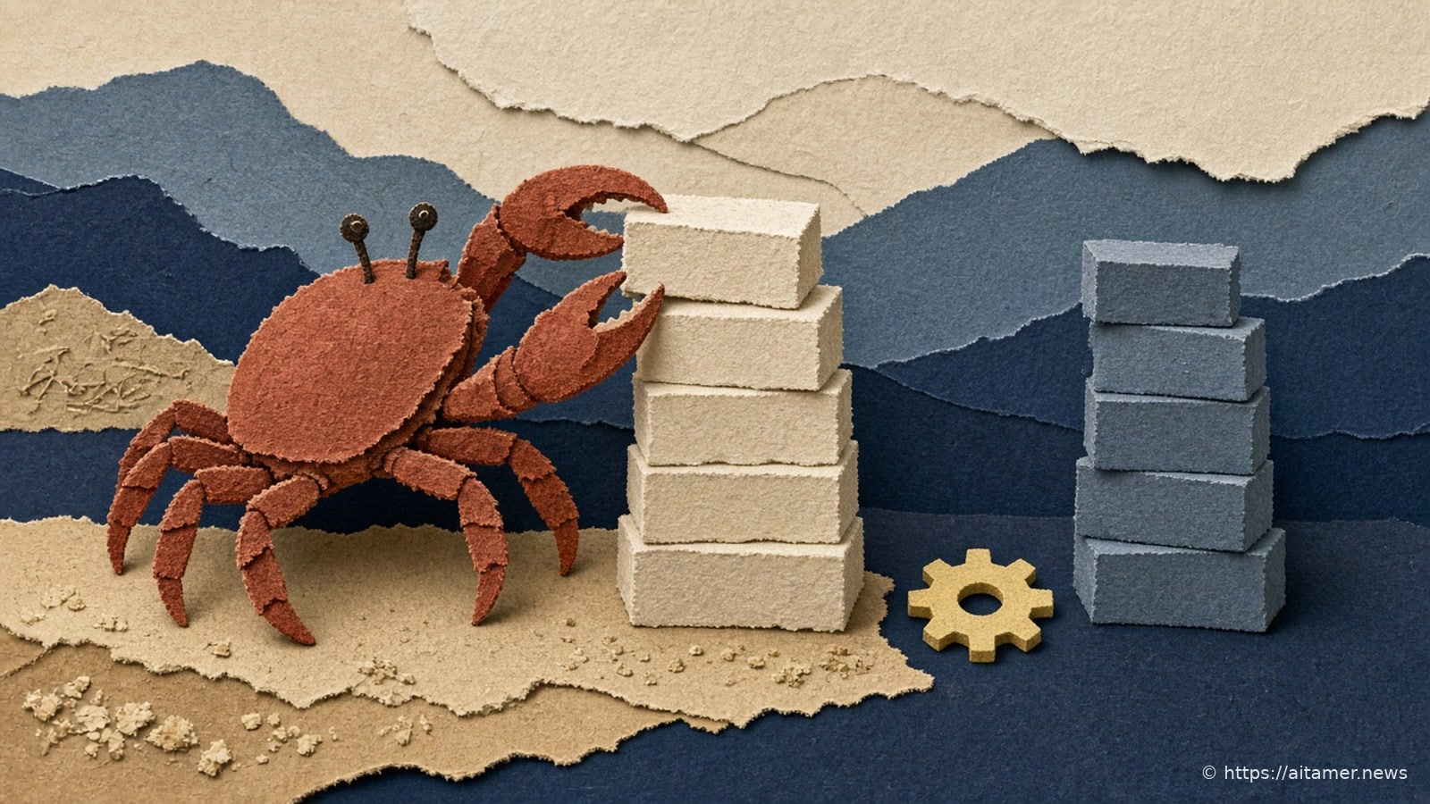 Paper-craft rust-red crab beside a tall stack of cream blocks and a shorter stack of slate-blue blocks, with a small yellow gear on layered paper.