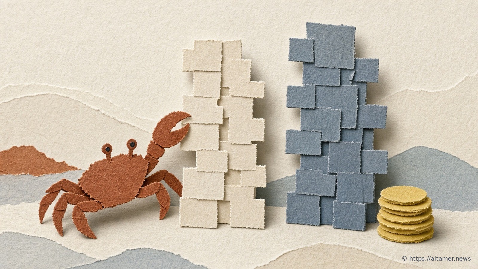 Paper-cut rust crab stacking cream blocks into a tower that copies a slate-blue tower beside it, next to a small coin stack.