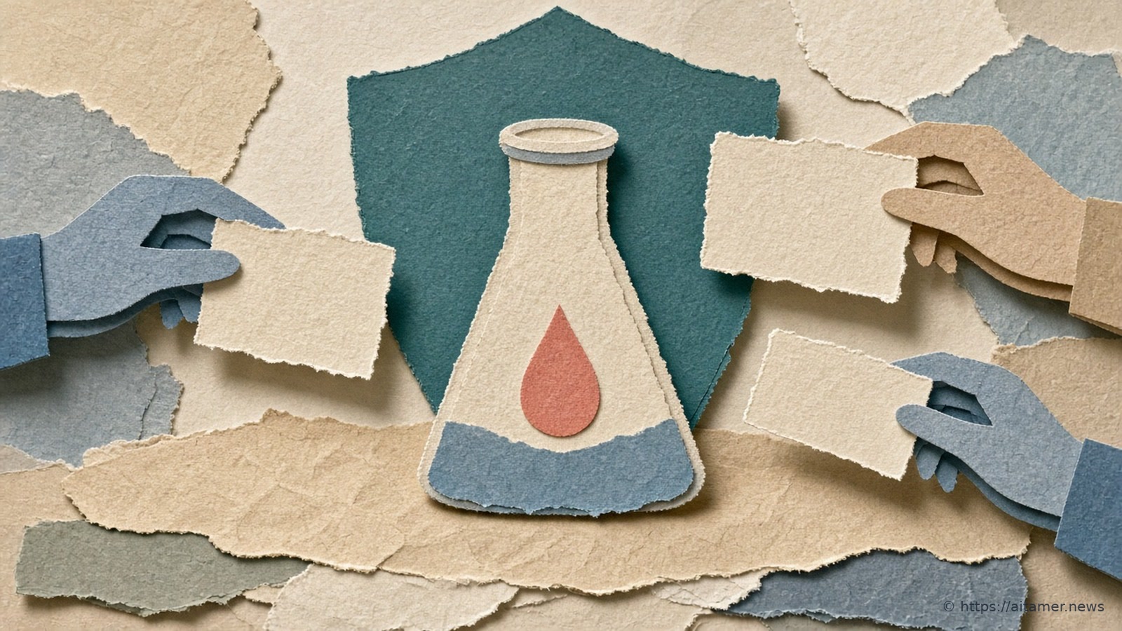 Paper collage of a laboratory flask with a coral droplet in front of a teal shield, as three paper hands offer blank cards toward it.