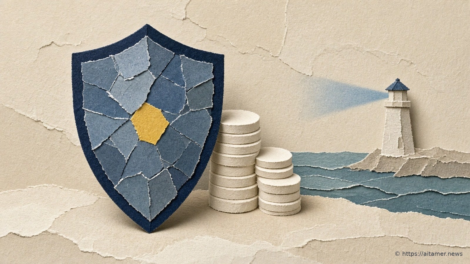 Cut-paper illustration of a navy patchwork shield with a yellow center beside stacks of plain paper coins, and a small lighthouse beam crossing a teal sea.
