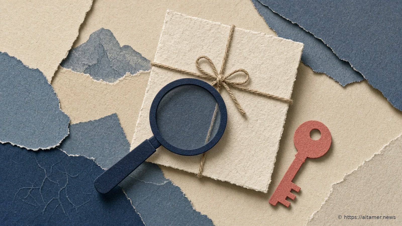 A navy paper magnifying glass over a cream paper parcel tied with string, with a coral paper key lying beside it on torn blue and sand paper layers.