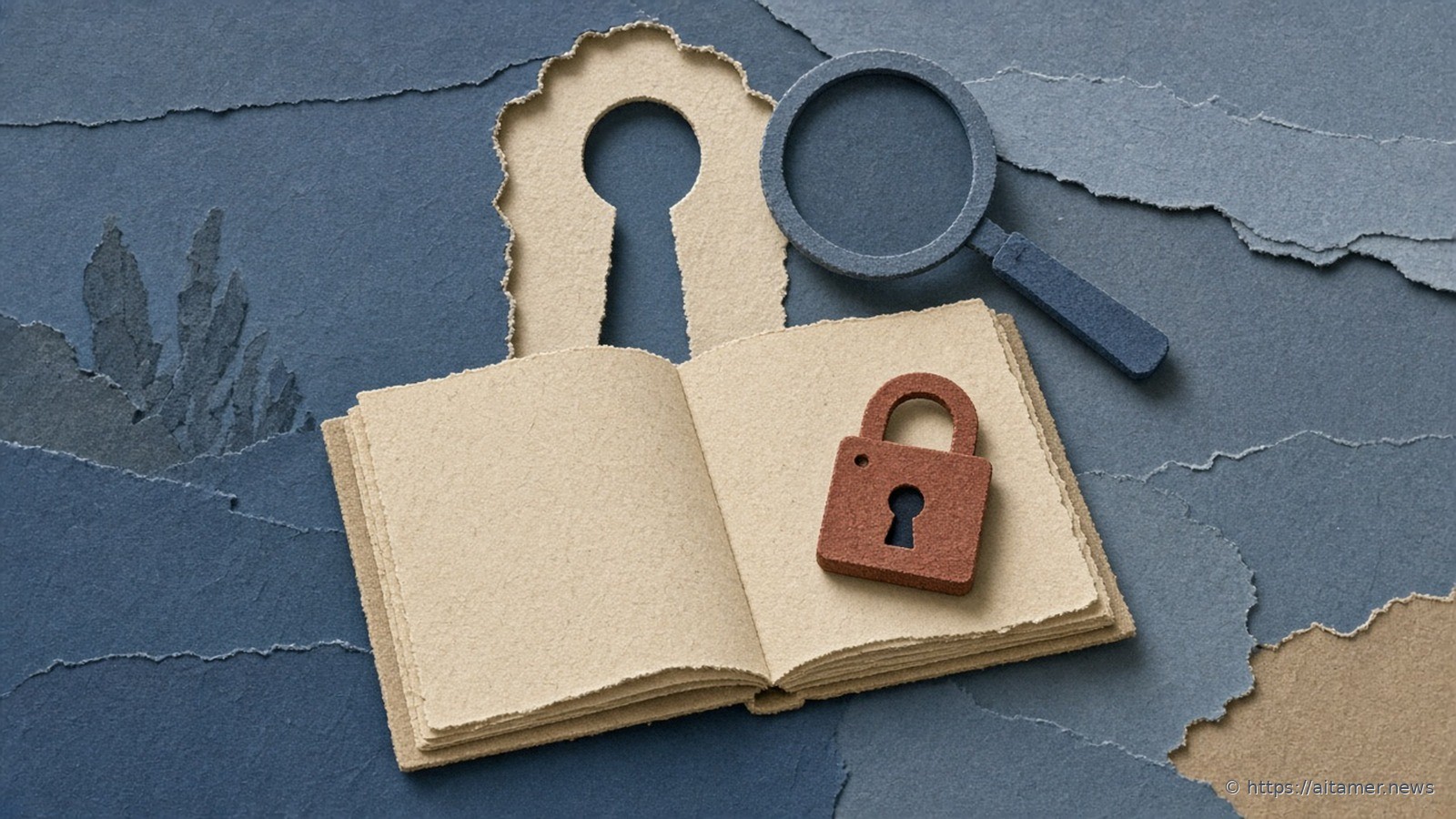 Paper-cut illustration of an open cream ledger with a rust padlock on the pages and a slate magnifier above, with a faint cream keyhole doorway on dusty blue.