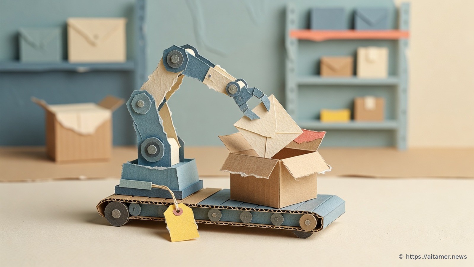 A paper-cut warehouse robot arm on a tracked base places a parcel into an open box, a yellow rental-style tag hanging from its base.