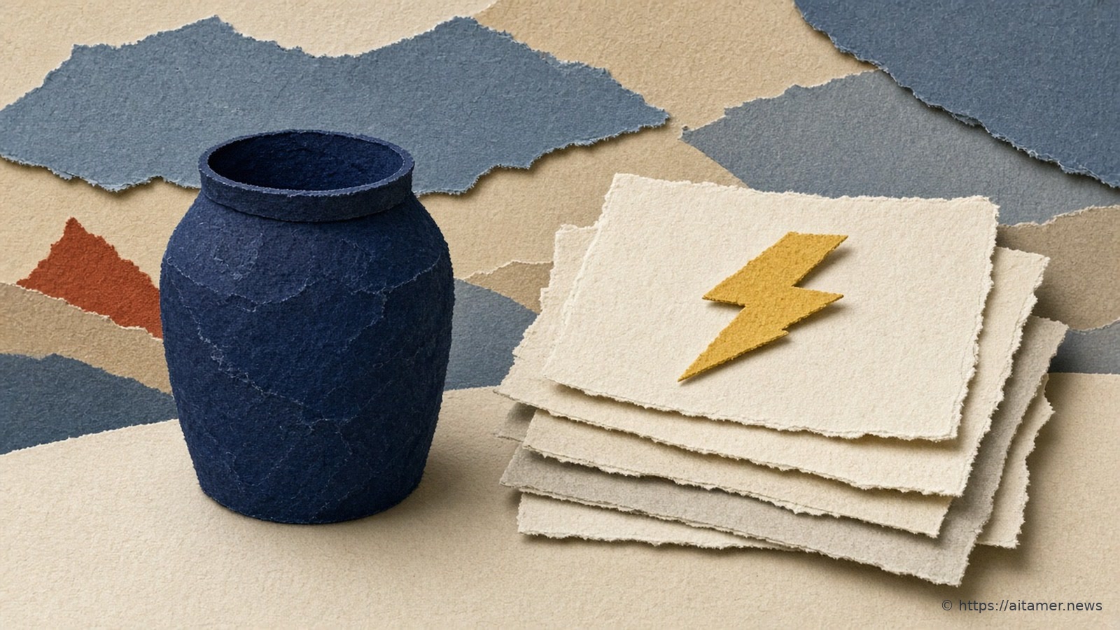 A deep-navy cut-paper pigment jar beside a stack of blank ivory sheets, a small sulfur-yellow lightning spark resting on the top sheet.
