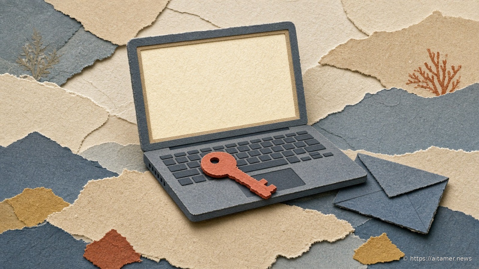 A cut-paper navy laptop with a blank cream screen and a terracotta key on the palm rest, beside a sealed slate envelope on layered sand and teal paper.
