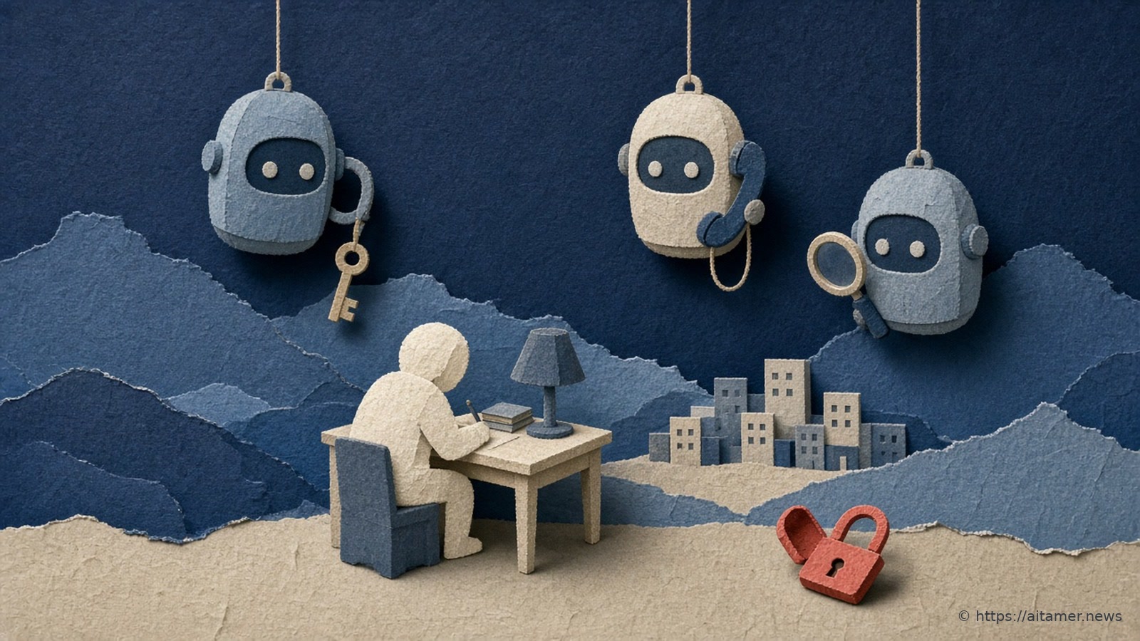 Paper collage of a lone figure at a desk at night, surrounded by floating robot helpers holding a key, a phone and a magnifier.