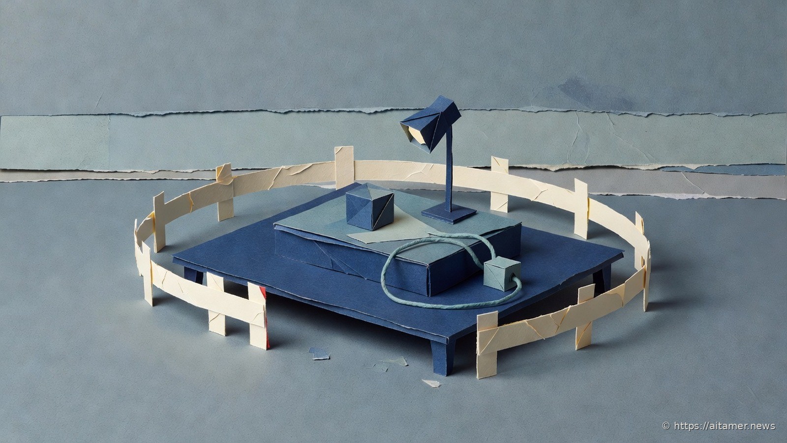 A small navy paper stage with a spotlight and a cube prop, wired to a socket box beside it, both enclosed by a low cream paper fence.