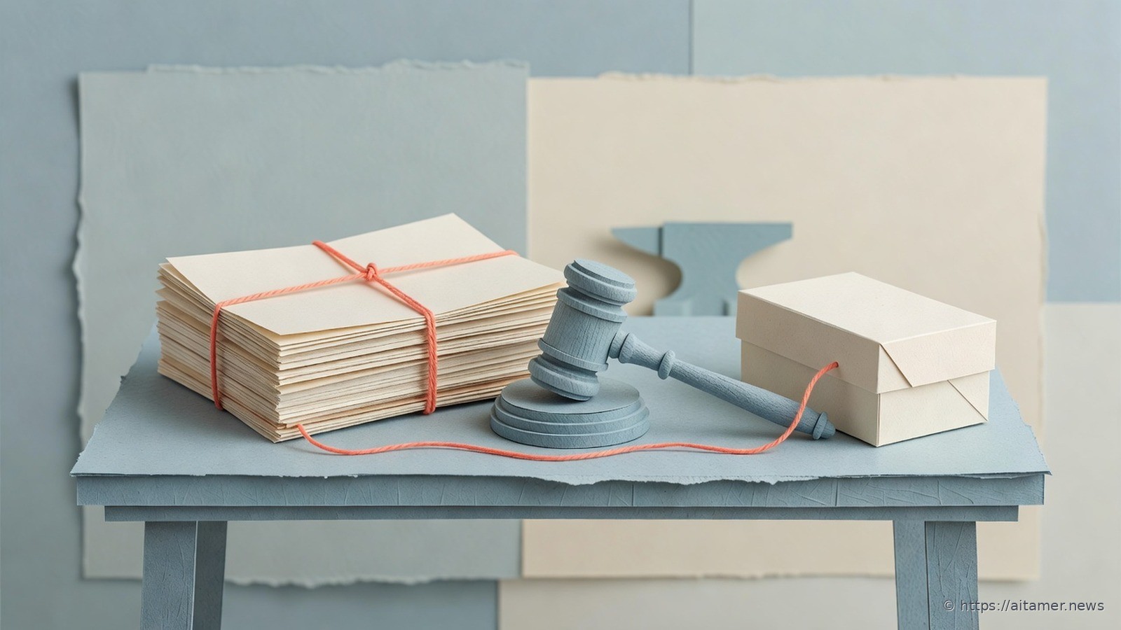Paper-cut illustration of a bundle of blank cream paper sheets tied with coral string on a slate table, beside a grey gavel on its block and a closed cream box linked by a coral thread.