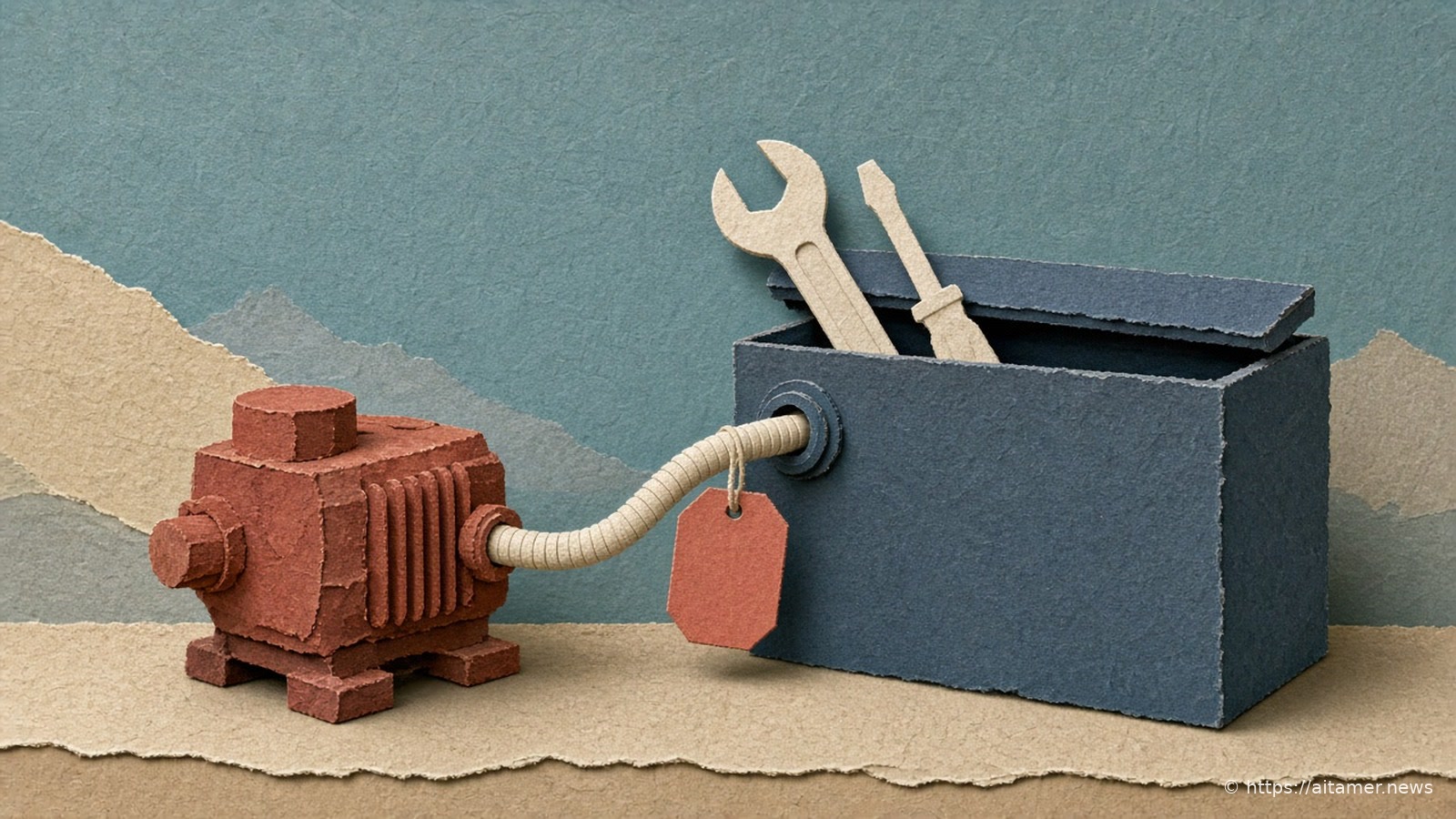 A rust-red paper engine joined by a cream cable to a slate-blue box holding a wrench and screwdriver, with a coral tag, on teal and sand layers.