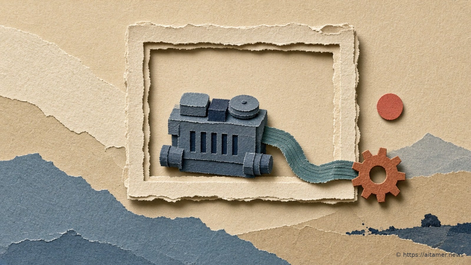 A navy paper engine sits inside a torn cream paper frame, a teal ribbon running out to a rust paper gear, with a coral dot beside the frame.