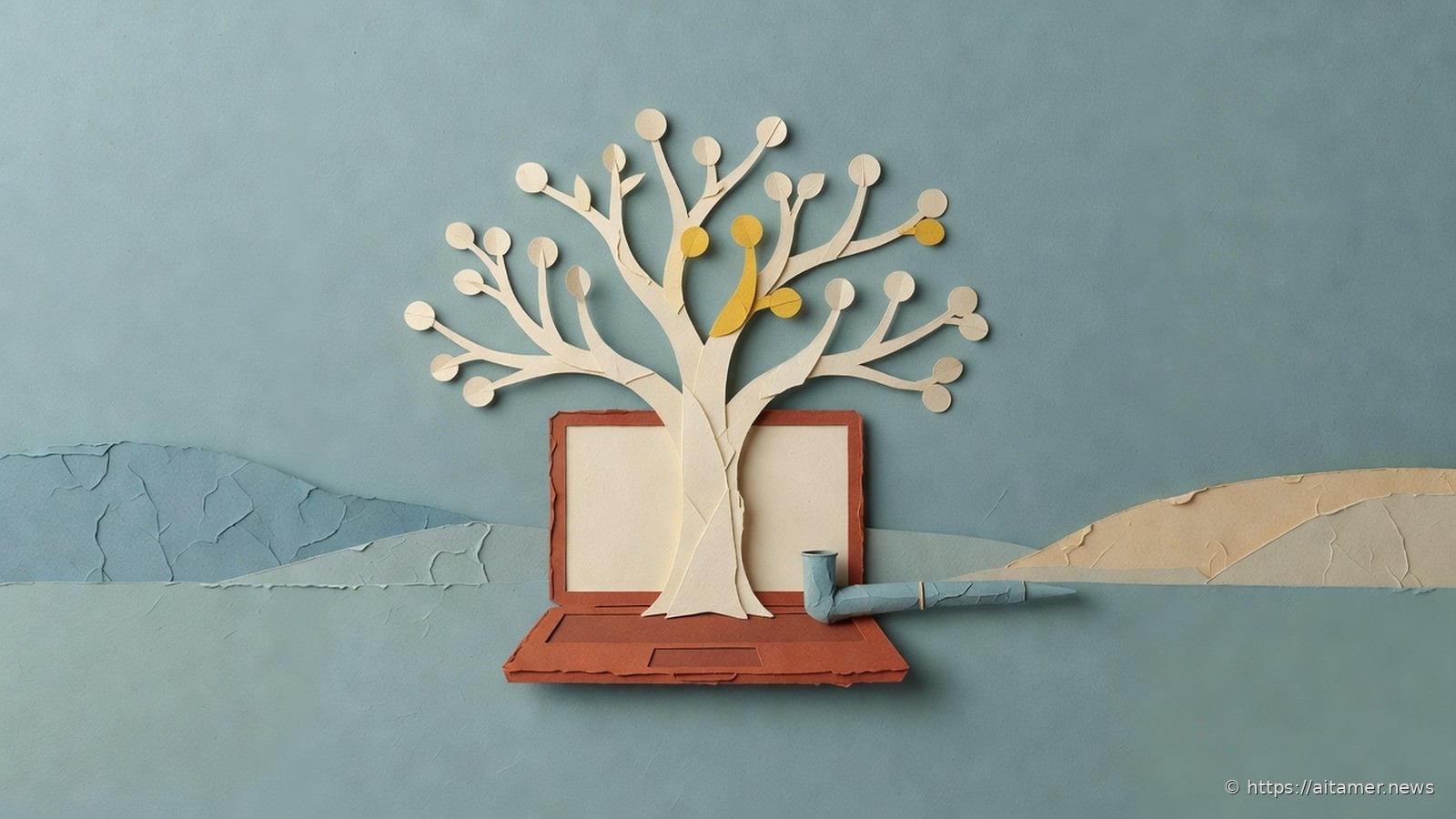 A cream paper tree of branching buds grows from a rust paper laptop, a few buds marked yellow as the chosen path.