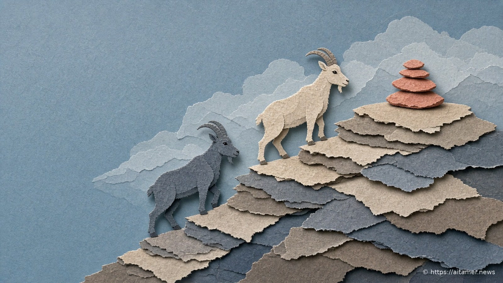Two paper mountain goats climb stepped ledges of torn grey and sand paper, a cream goat one ledge above a slate-grey goat, toward a small stack of rust-red stones at the top under a dusty blue sky.