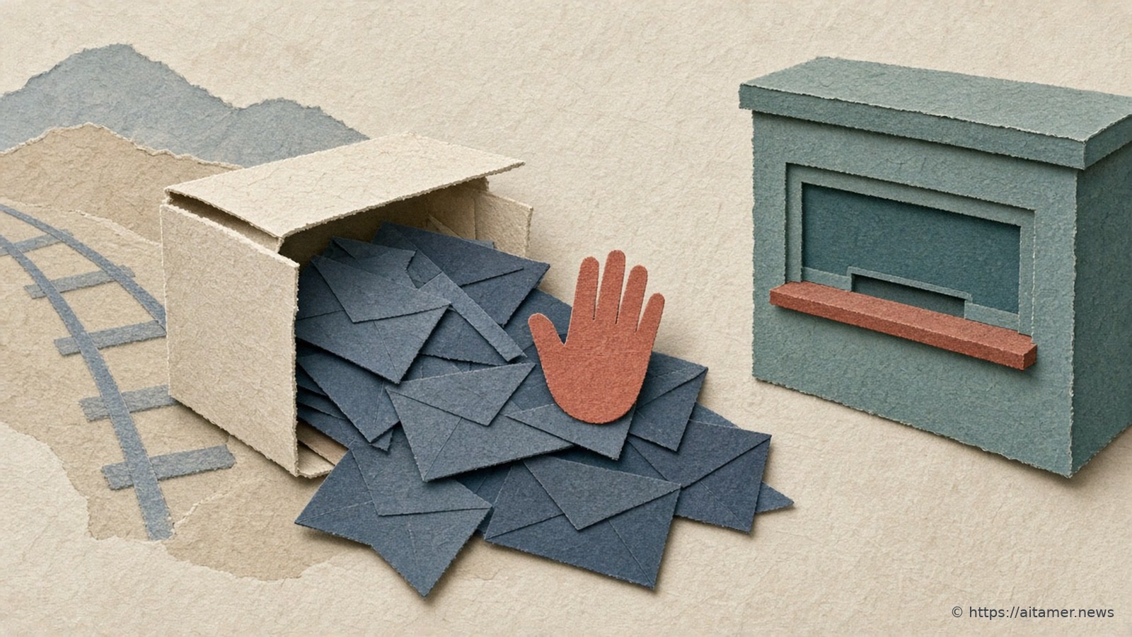 Slate-blue paper envelopes spill from a tipped cream paper box with a coral paper hand resting on the pile, beside a closed teal ticket window with a rust-red bar and faint paper rail tracks.