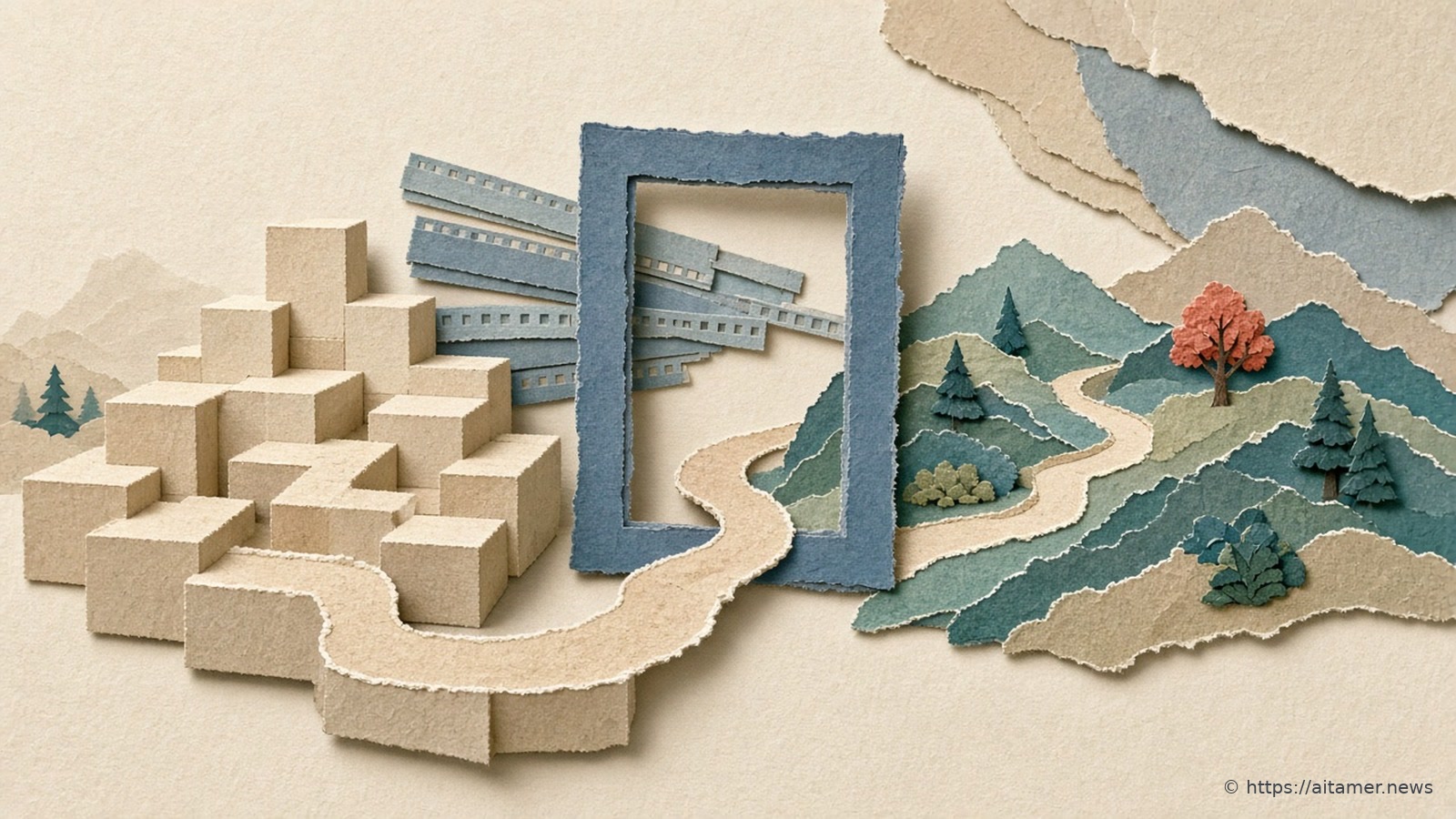 A sand paper path runs from a pile of plain cream paper cubes through an empty slate-blue paper frame into layered teal paper hills with small trees, one coral, and faint paper film strips behind.