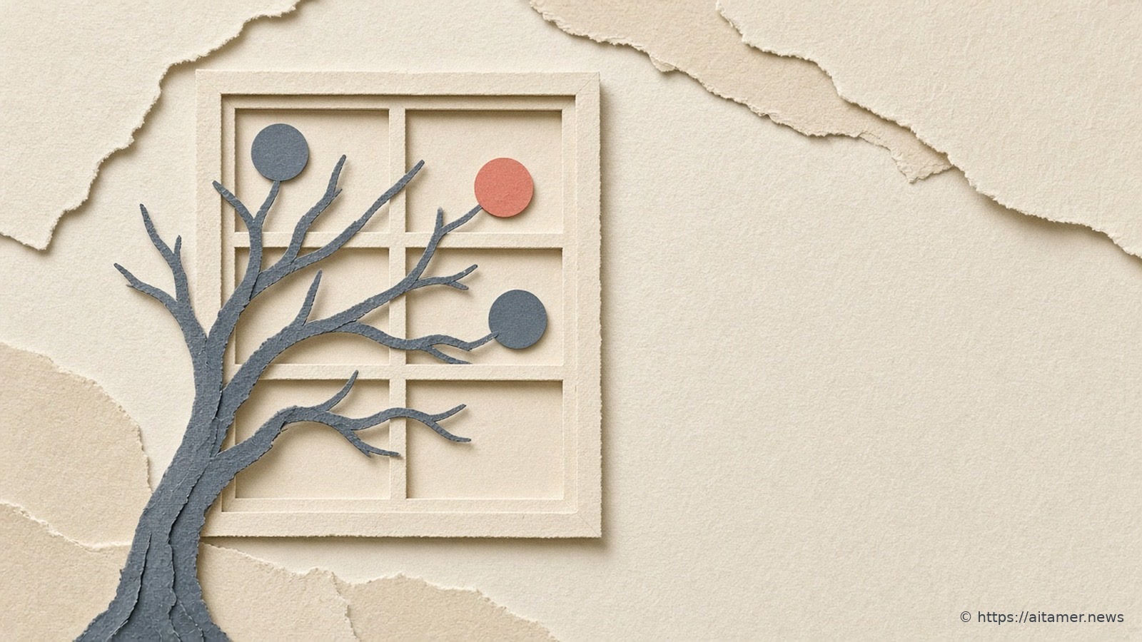 A slate blue paper tree whose branches reach through a cream paper window to touch round buttons, one of them coral.
