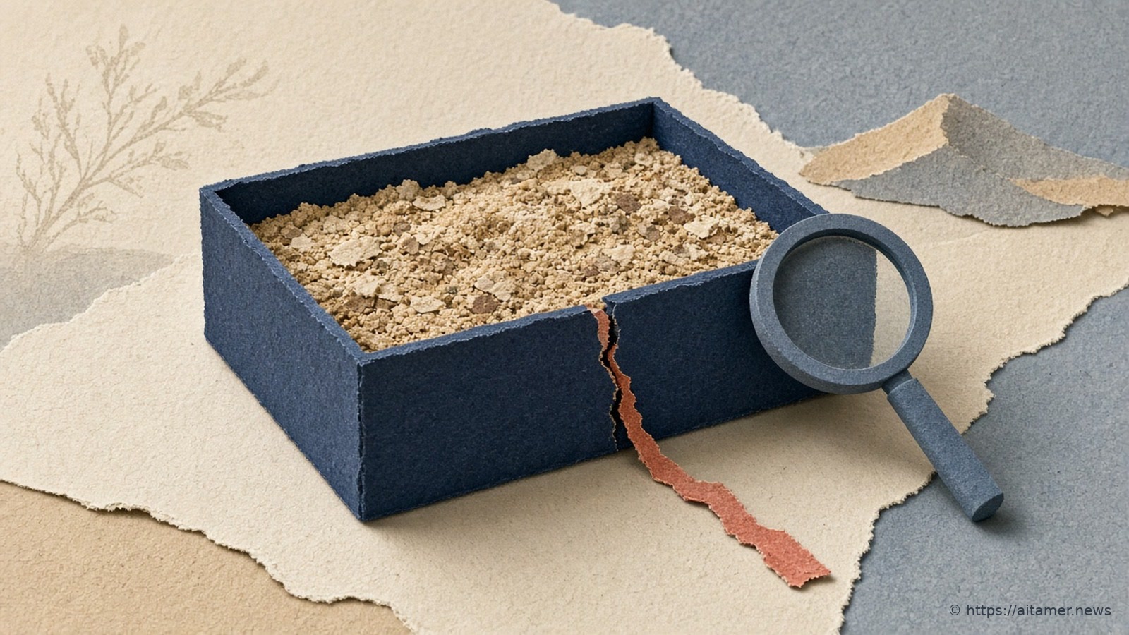 A deep-navy cut-paper sandbox tray of sand-colored grains with a crack in its side wall leaking a coral line, a steel-blue magnifying glass leaning on it.