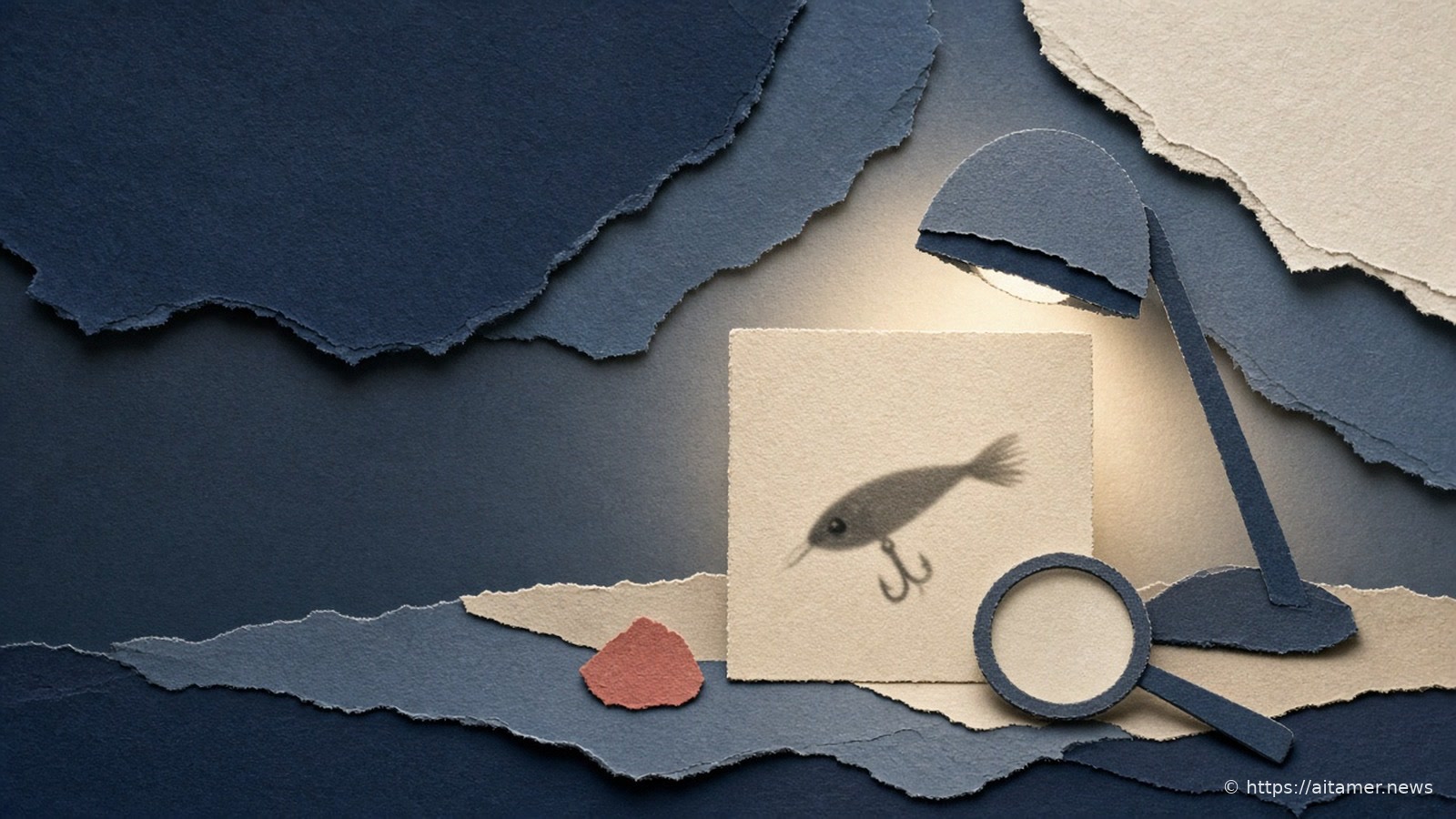 Paper-cut illustration of a blank folded card held to a lamp, the light revealing a fishing-hook silhouette hidden inside, a magnifying glass beside it.
