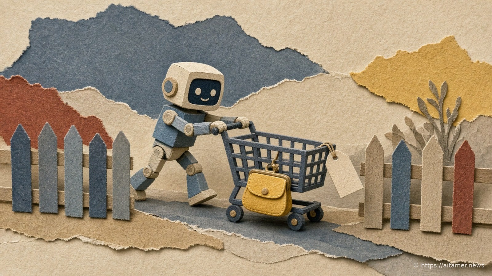Paper-cut illustration of a small robot pushing a shopping cart through an open gate in a low fence, with a tag on the handle and a yellow coin purse in the cart.