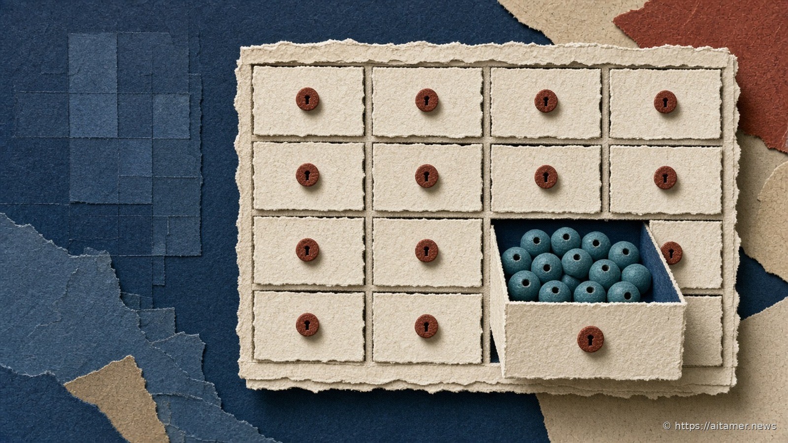 Paper-cut cream cabinet of identical drawers, each with a rust lock, one drawer open to show teal beads, on a navy background.