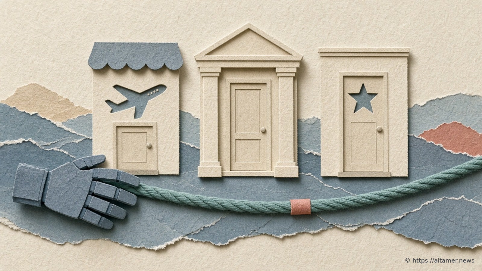 Three cream paper storefronts with closed doors, one with an airplane cutout, one with columns and one with a star, as a grey paper robot hand reaches along a teal rope.