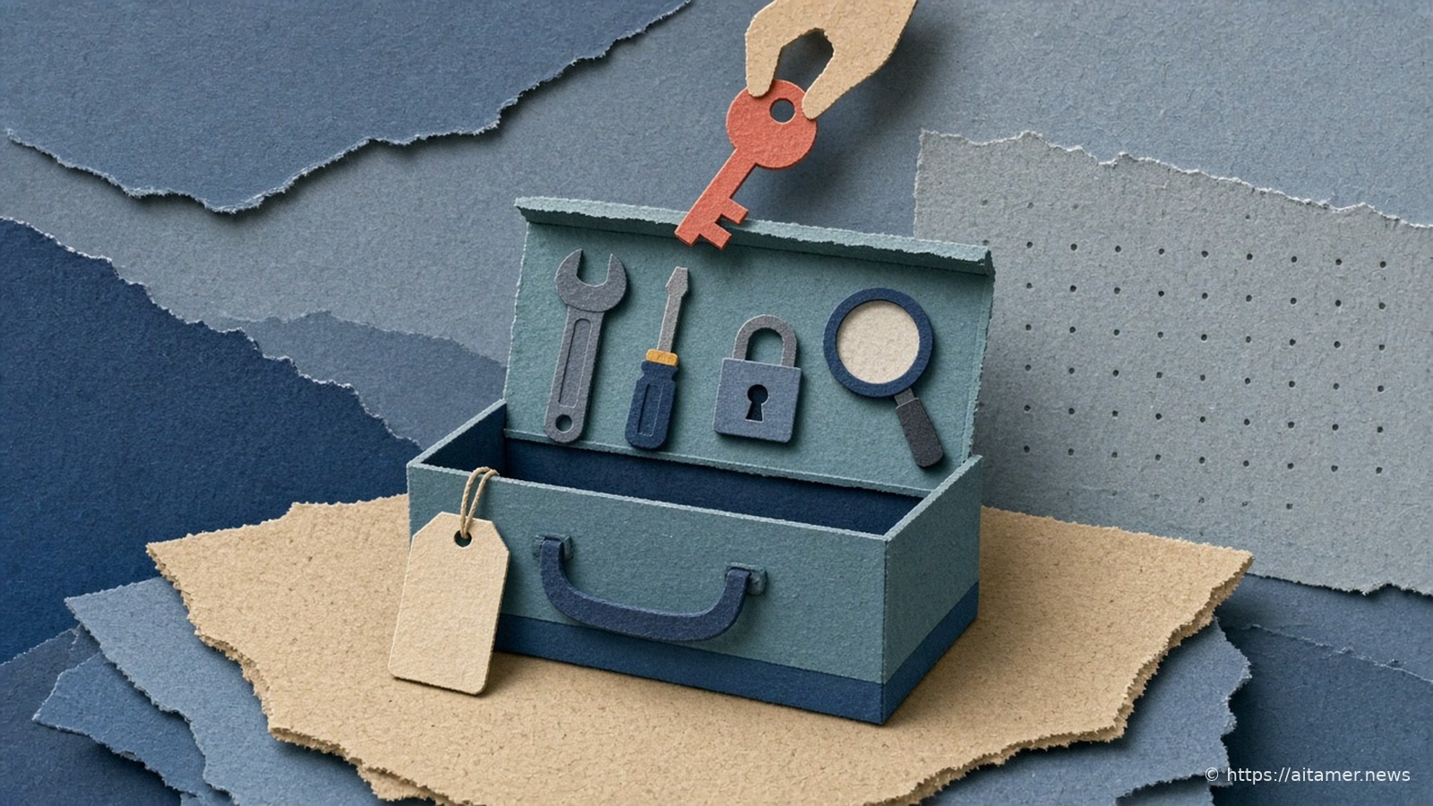 Paper-cut illustration of an open teal toolbox with a wrench, screwdriver, padlock and magnifying glass on its lid, as a paper hand lowers a small coral key toward it.