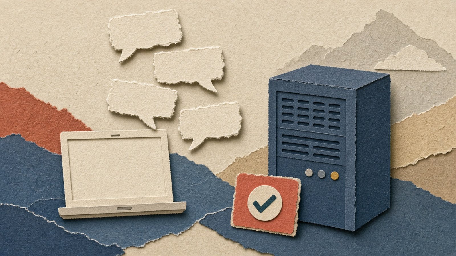 A paper-cut collage of a cream laptop facing a slate-blue shared computer, with chat slips between them and a coral approval card with a checkmark.