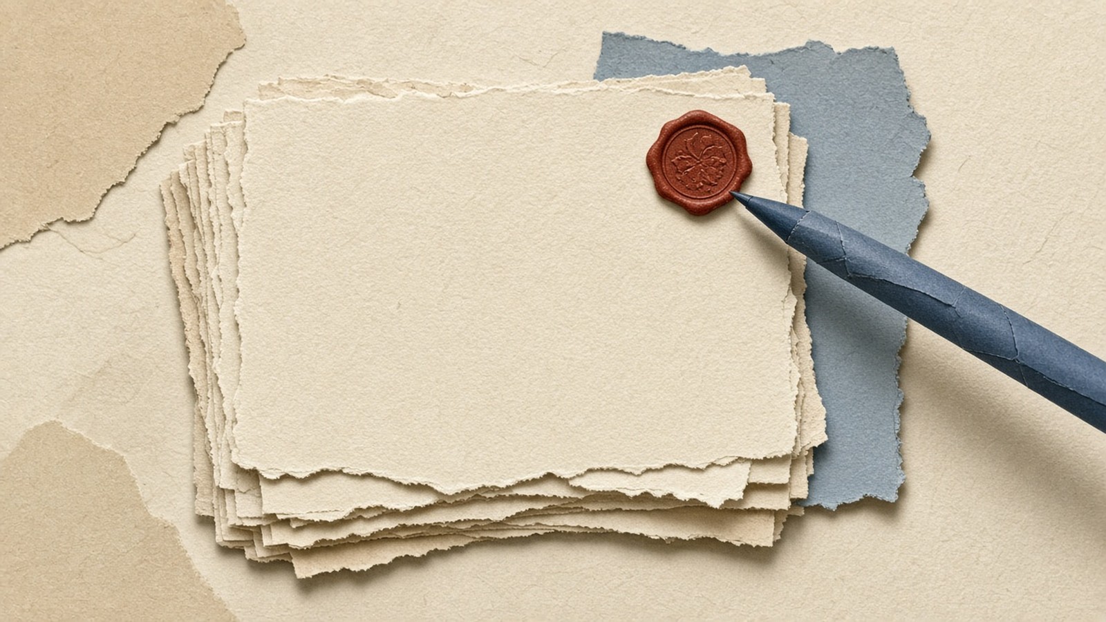 A stack of blank cream deckle-edge sandbox pages under soft shadows, probed by a slate-blue paper stylus, with one small rusty-red wax seal on a corner, on ivory paper.