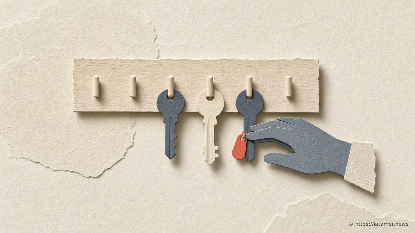 A slate blue paper hand lifting a key with a coral tag from a cream key rack where several pegs are already empty.