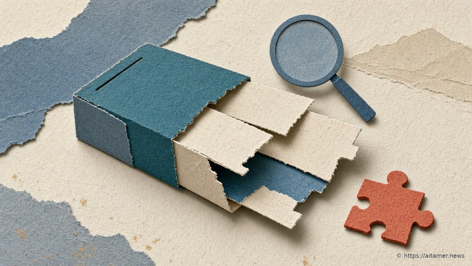 A teal paper game cartridge box opening into stacked cream paper layers, with a blue paper magnifying glass above it and a coral puzzle piece beside it.
