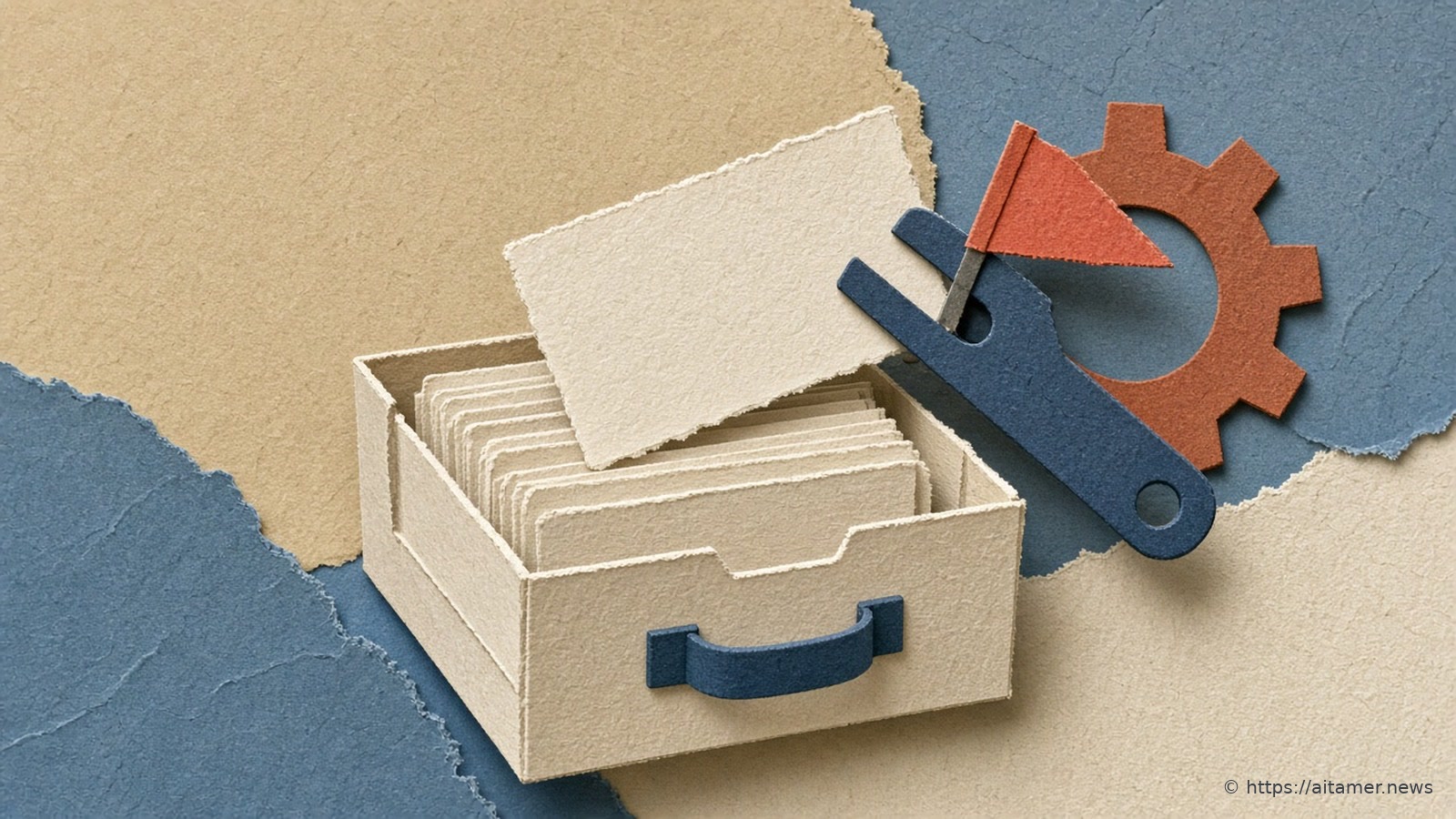 A cream paper card-index drawer with a slate handle, one card lifted, beside a slate wrench, a coral flag and a rust gear on blue and sand paper.