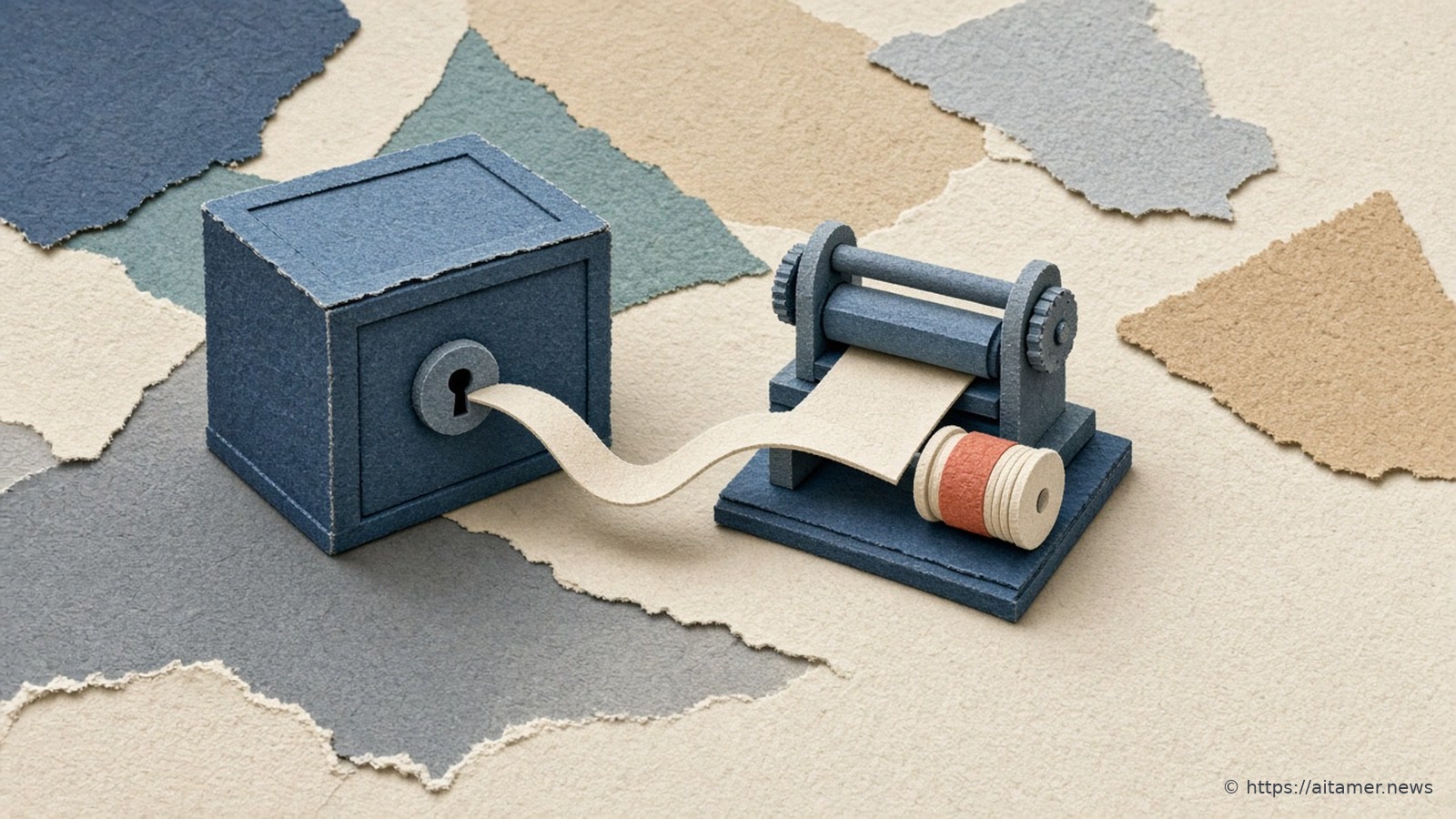 A paper-cut collage of a locked strongbox with a thin ribbon slipping out through its keyhole onto a small spool.