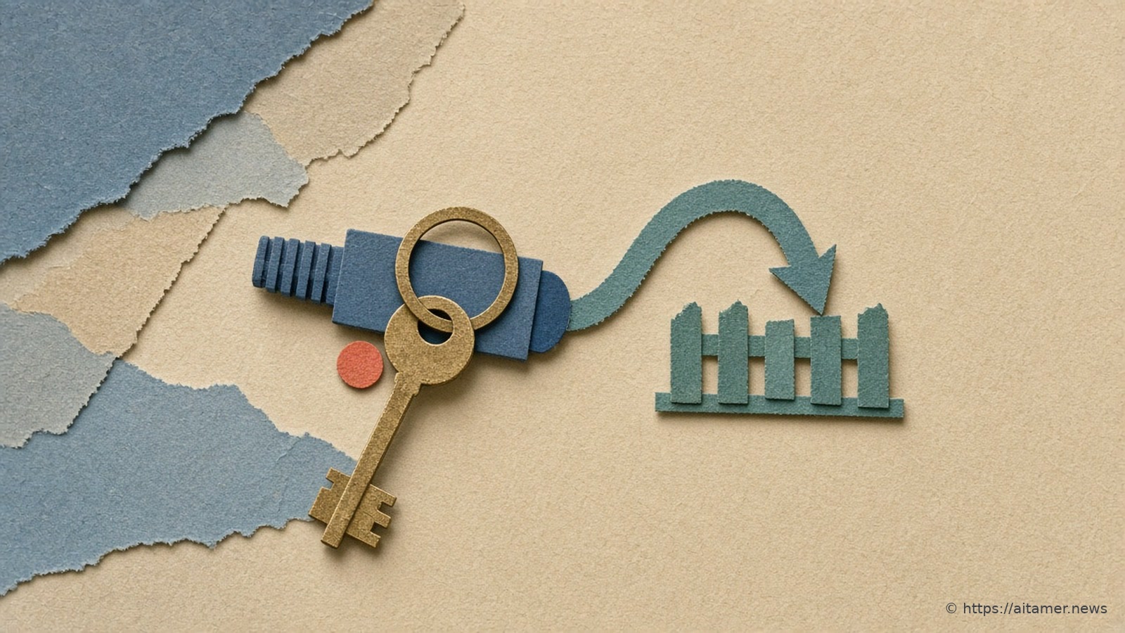 A paper-cut key clipped to a cable plug, with an arrow that loops back at a low fence instead of leaving the scene.