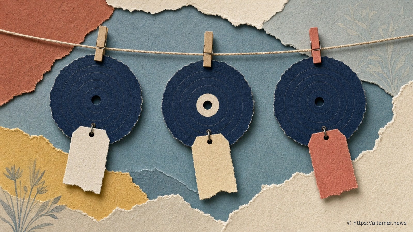 Three deep-navy paper records hanging from a line by clothespins, each with a small paper tag, one tag coral.