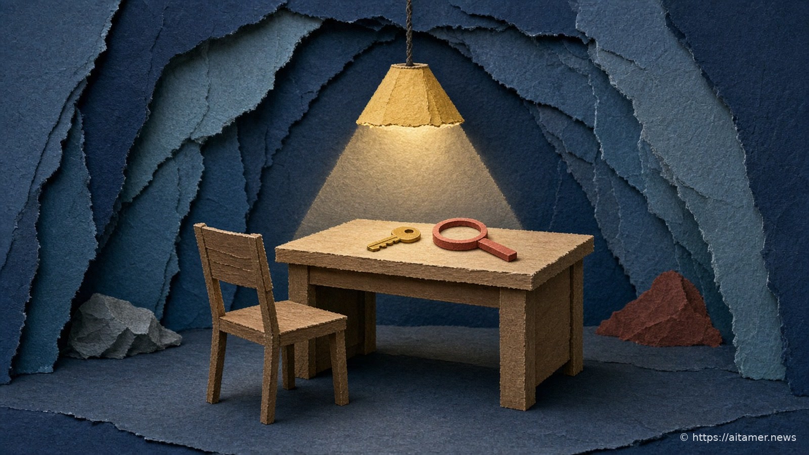 A paper-cut interrogation room: a wooden table and chair under a hanging yellow lamp, with a key and a magnifying glass on the table, inside dark blue torn-paper walls.