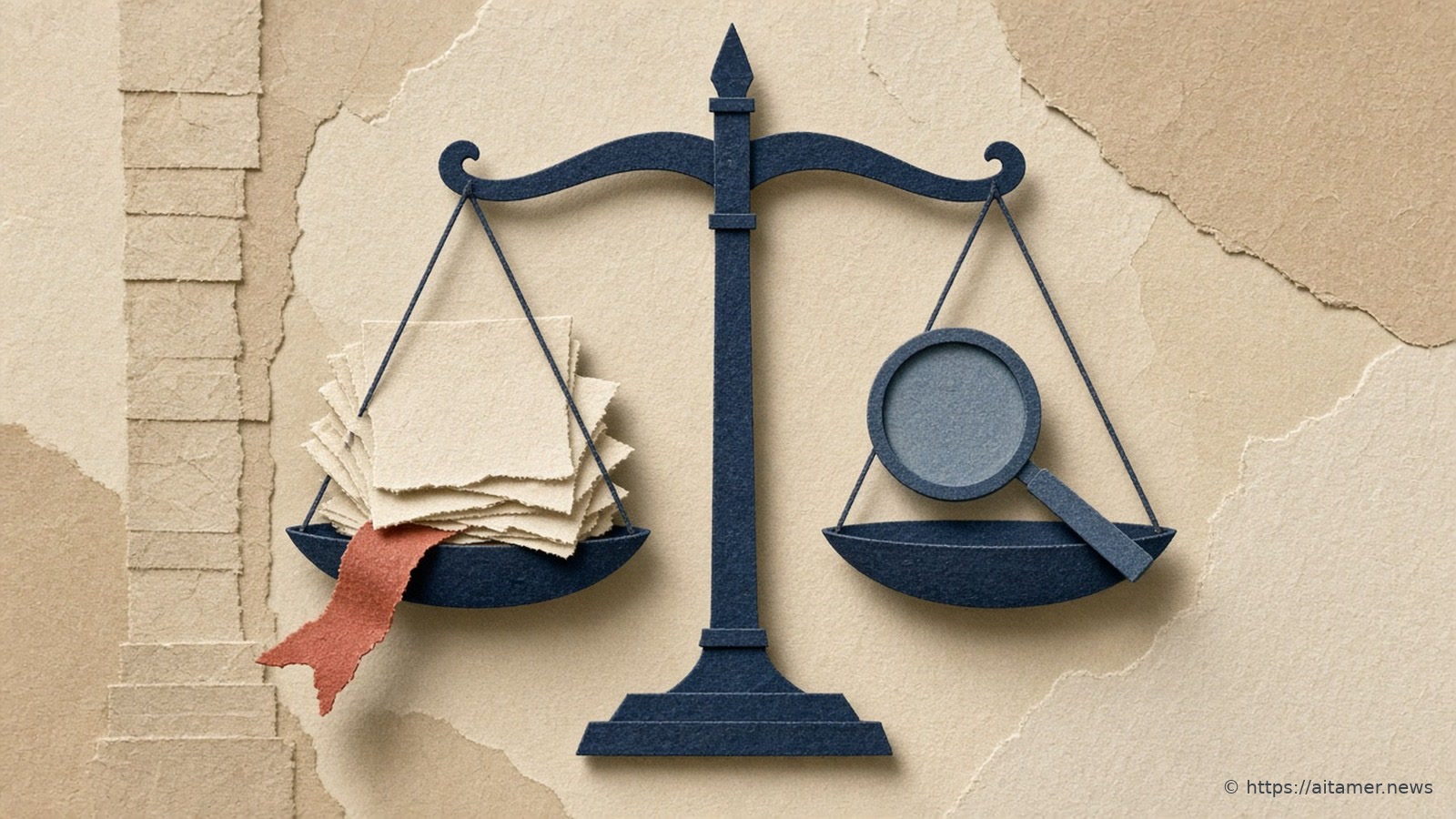 A navy cut-paper balance scale holding a stack of blank contract papers with a coral bookmark on one pan and a steel-blue magnifying glass on the other.