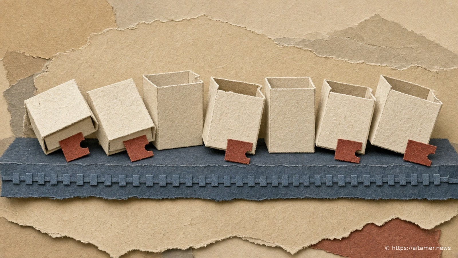 A row of seven cream paper crates on a slate zipper track, several tipping over, each with a small rust paper puzzle-piece tab.