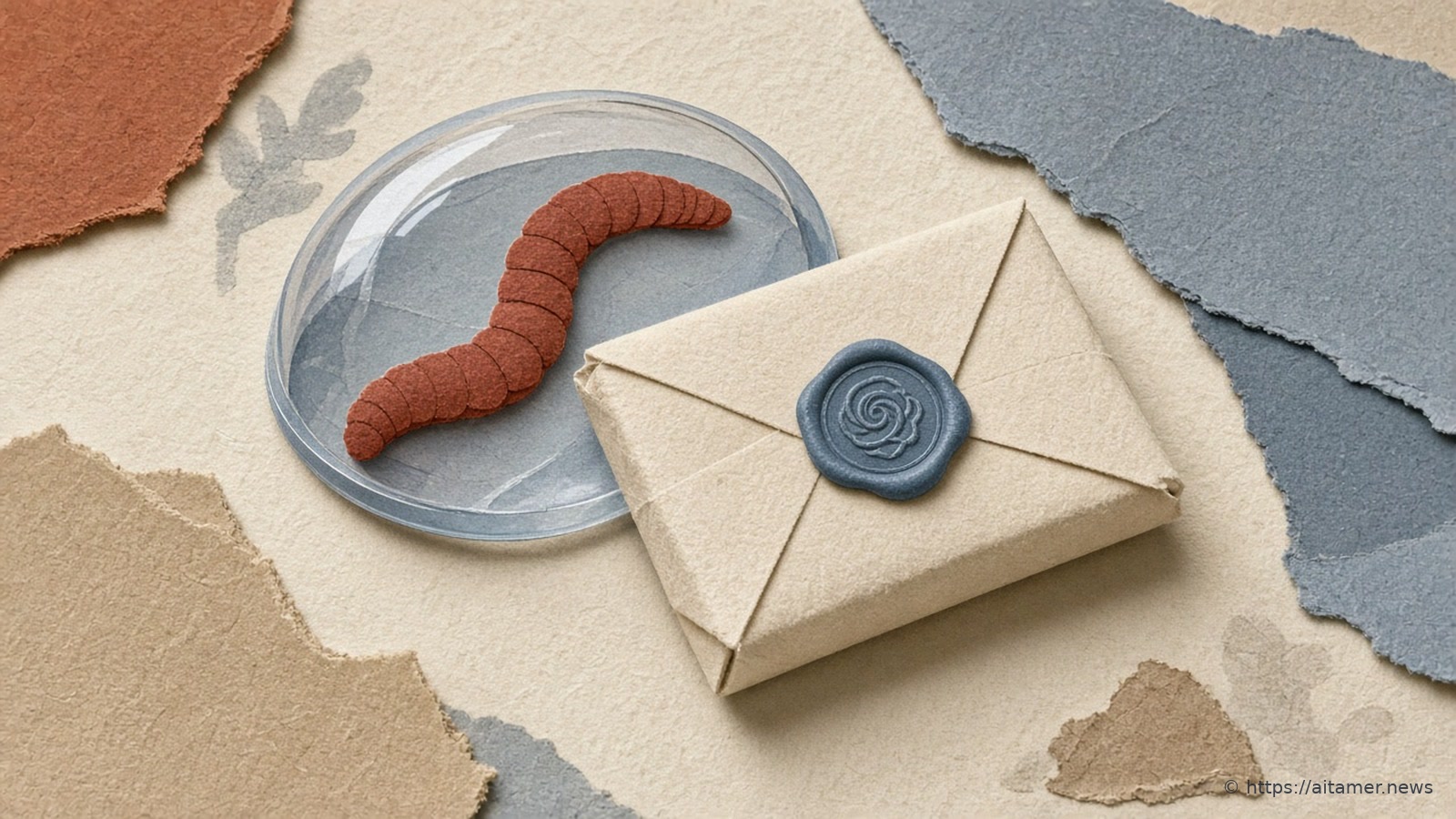 A cream paper parcel with a slate-blue wax seal beside a rust-red paper worm trapped under a clear glass paperweight.